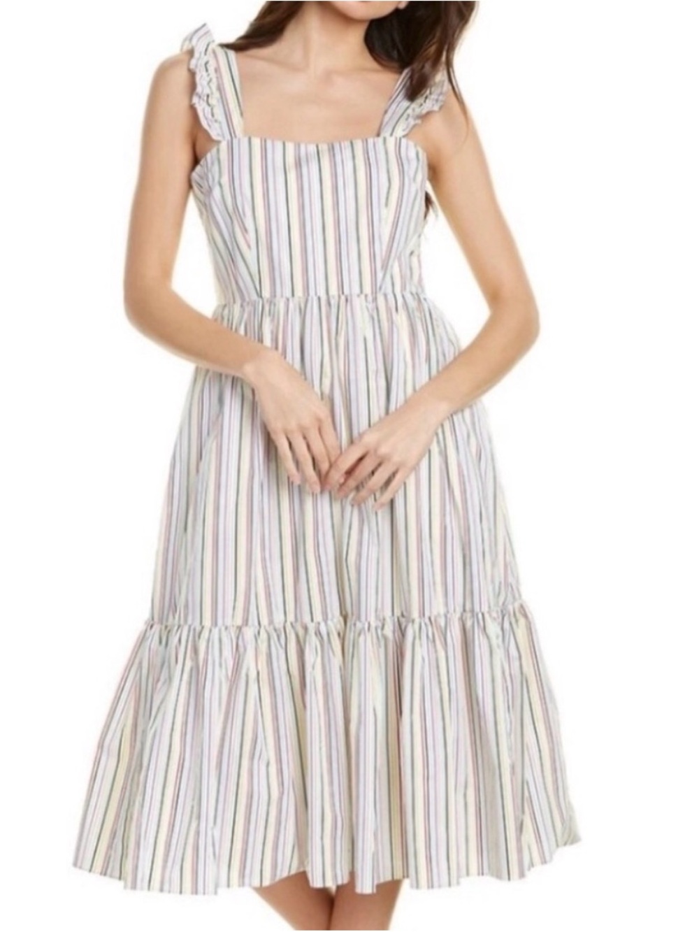 Crosby Striped Ruffle Strap Midi Dress in fun Rainbow stripe, size large